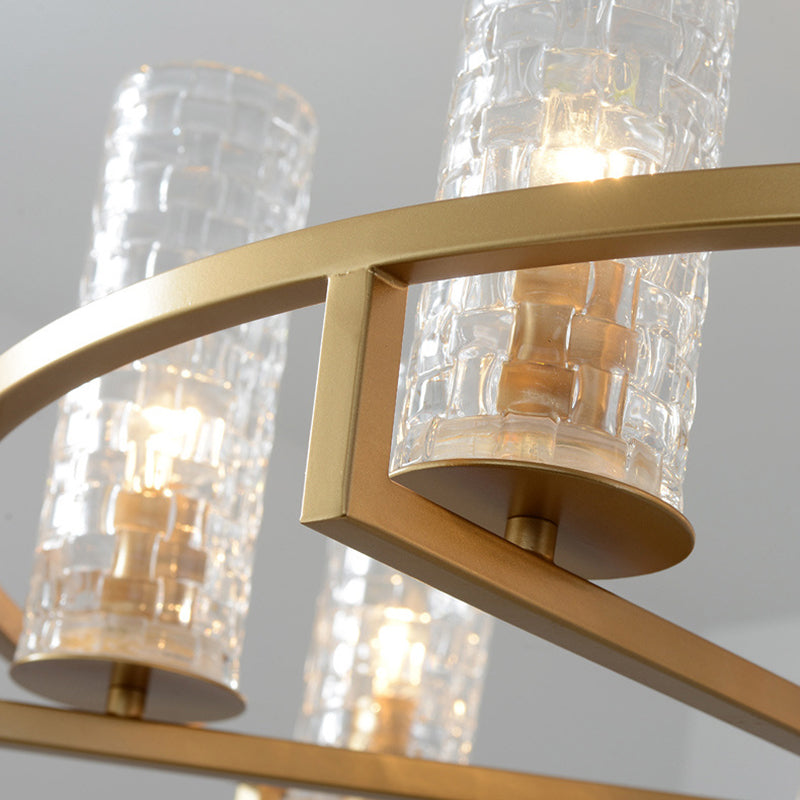 Gold Cylinder Chandelier Lamp Traditional Clear Ribbed Glass 6/8/10 Lights Living Room Hanging Light with Wheel Design Clearhalo 'Ceiling Lights' 'Chandeliers' Lighting' options 211497