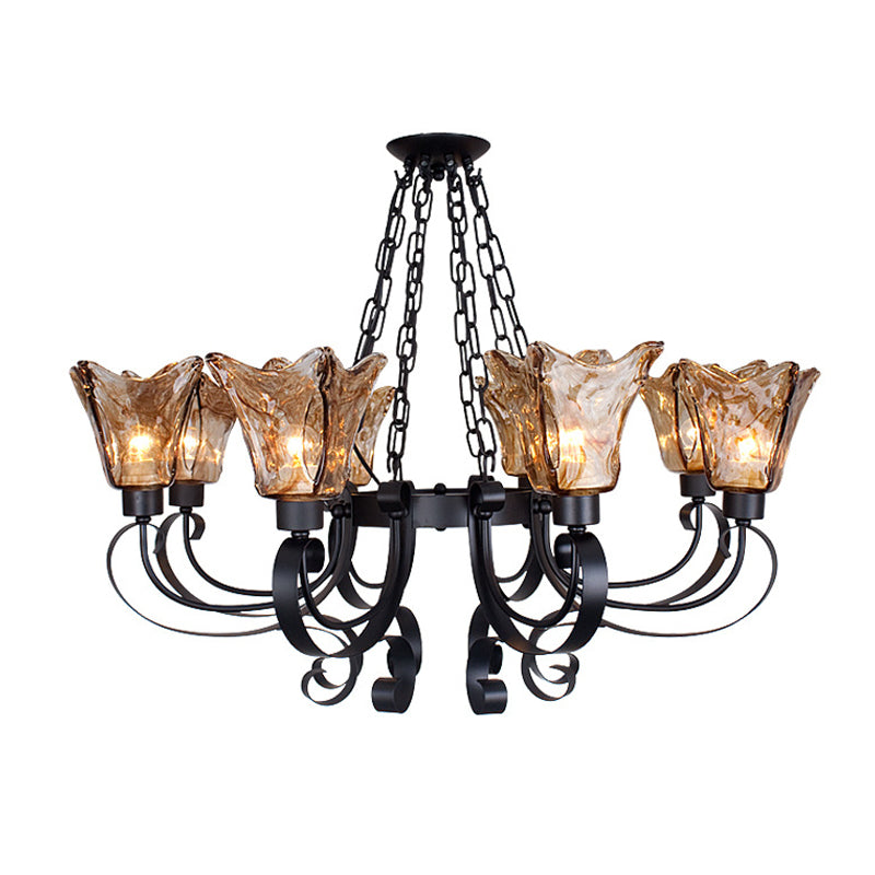 3/6/8 Bulbs Ceiling Lamp Scroll Amber Glass Classic Living Room Chandelier Pendant Light with Flower Shade Clearhalo 'Ceiling Lights' 'Chandeliers' Lighting' options 211566