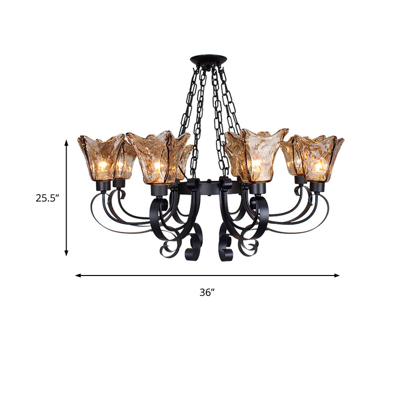 3/6/8 Bulbs Ceiling Lamp Scroll Amber Glass Classic Living Room Chandelier Pendant Light with Flower Shade Clearhalo 'Ceiling Lights' 'Chandeliers' Lighting' options 211567