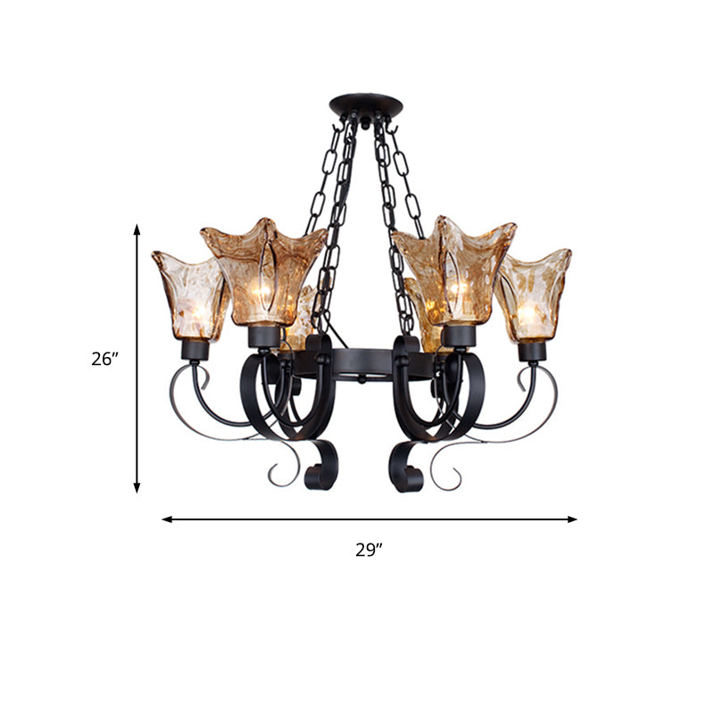 3/6/8 Bulbs Ceiling Lamp Scroll Amber Glass Classic Living Room Chandelier Pendant Light with Flower Shade Clearhalo 'Ceiling Lights' 'Chandeliers' Lighting' options 211573
