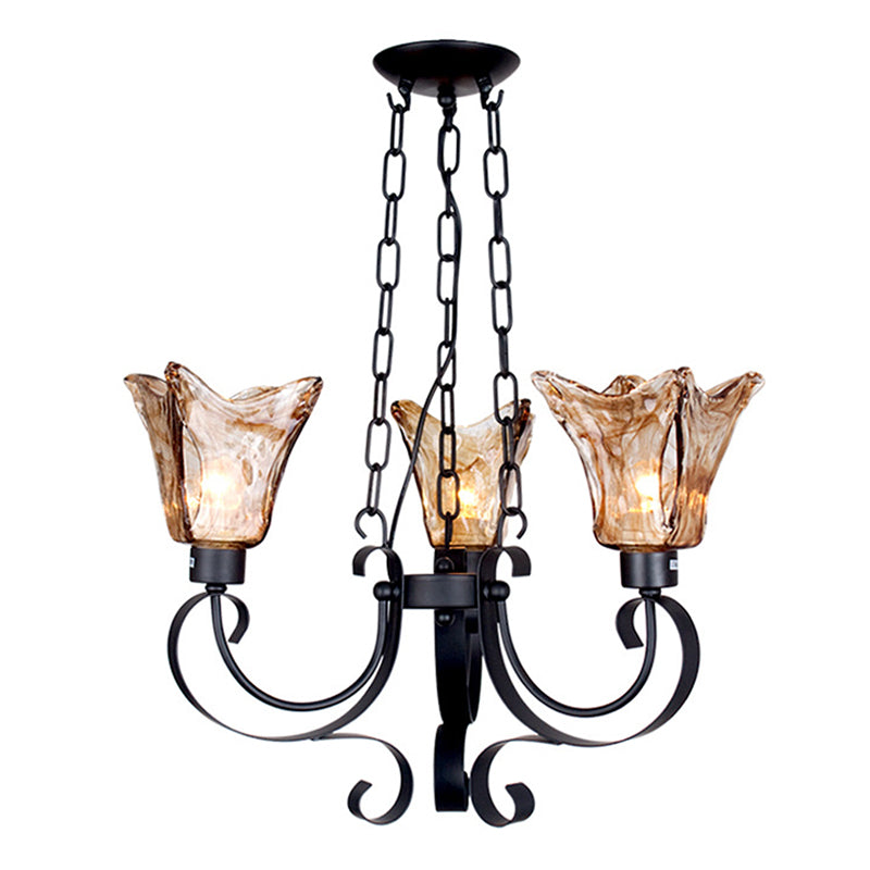 3/6/8 Bulbs Ceiling Lamp Scroll Amber Glass Classic Living Room Chandelier Pendant Light with Flower Shade Clearhalo 'Ceiling Lights' 'Chandeliers' Lighting' options 211575