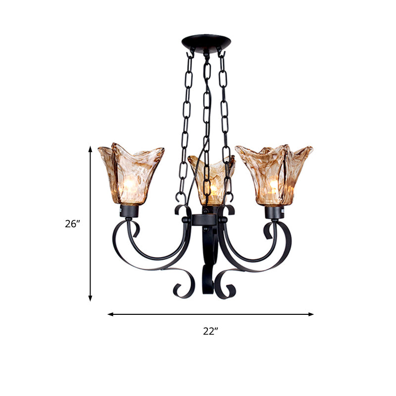 3/6/8 Bulbs Ceiling Lamp Scroll Amber Glass Classic Living Room Chandelier Pendant Light with Flower Shade Clearhalo 'Ceiling Lights' 'Chandeliers' Lighting' options 211576