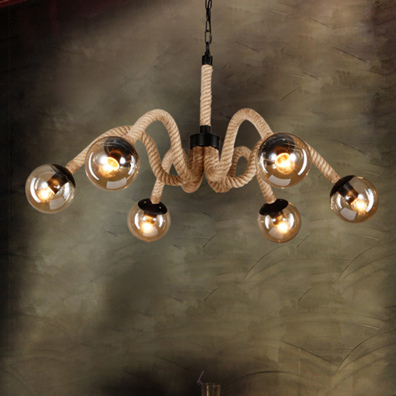 Radial Rope Chandelier Light Traditional 6 Lights Living Room Pendant Lighting with Amber Glass Globe Shade Amber Clearhalo 'Ceiling Lights' 'Chandeliers' Lighting' options 211634_0fc201e1-746e-48ce-973d-d18358a50ba7