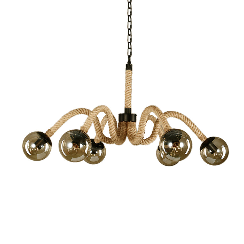 Radial Rope Chandelier Light Traditional 6 Lights Living Room Pendant Lighting with Amber Glass Globe Shade Clearhalo 'Ceiling Lights' 'Chandeliers' Lighting' options 211636