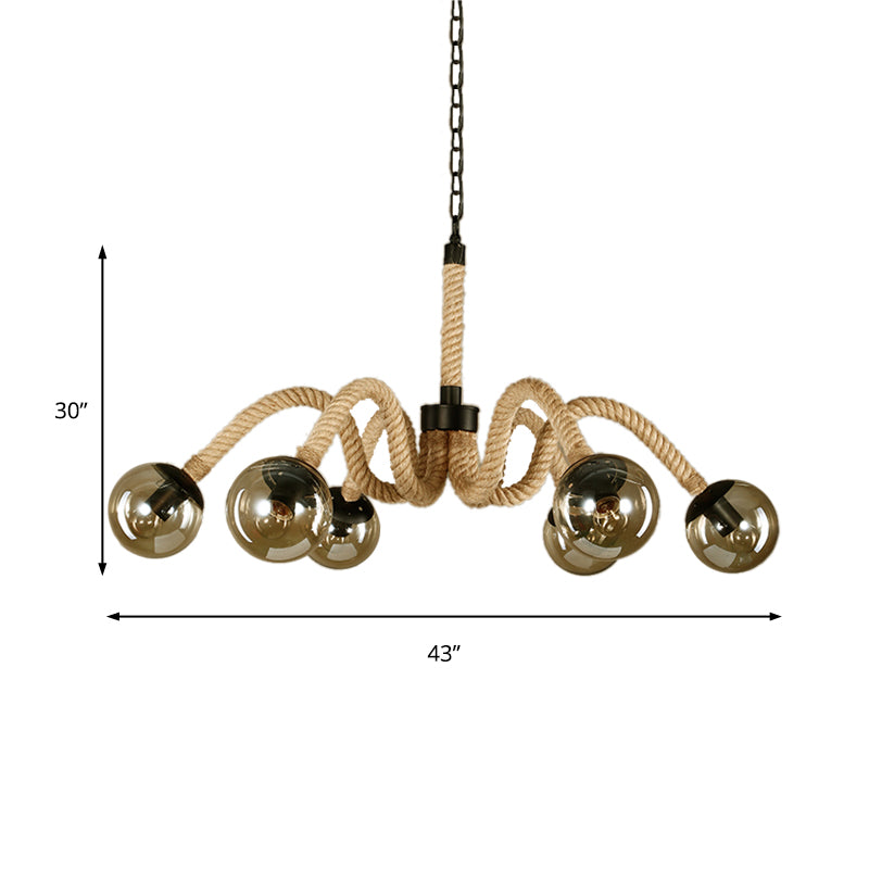 Radial Rope Chandelier Light Traditional 6 Lights Living Room Pendant Lighting with Amber Glass Globe Shade Clearhalo 'Ceiling Lights' 'Chandeliers' Lighting' options 211637