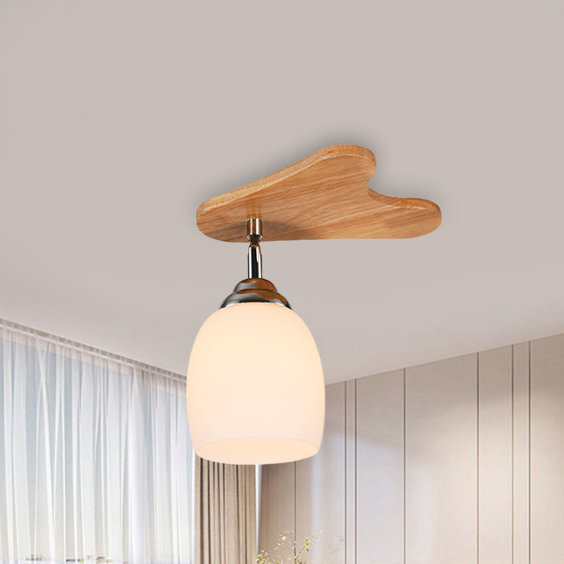 Cup Flush Mount Contemporary Milk Glass Beige 1/3/4 Lights Flush Mount Lamp with Wood Canopy Clearhalo 'Ceiling Lights' 'Close To Ceiling Lights' 'Close to ceiling' 'Semi-flushmount' Lighting' 211944