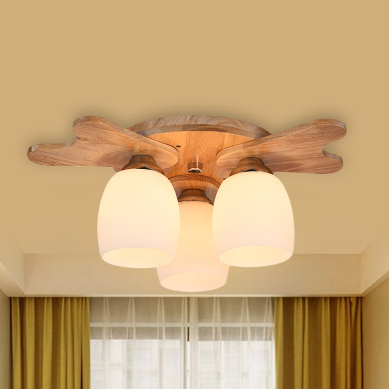 Cup Flush Mount Contemporary Milk Glass Beige 1/3/4 Lights Flush Mount Lamp with Wood Canopy 3 Wood Clearhalo 'Ceiling Lights' 'Close To Ceiling Lights' 'Close to ceiling' 'Semi-flushmount' Lighting' 211948