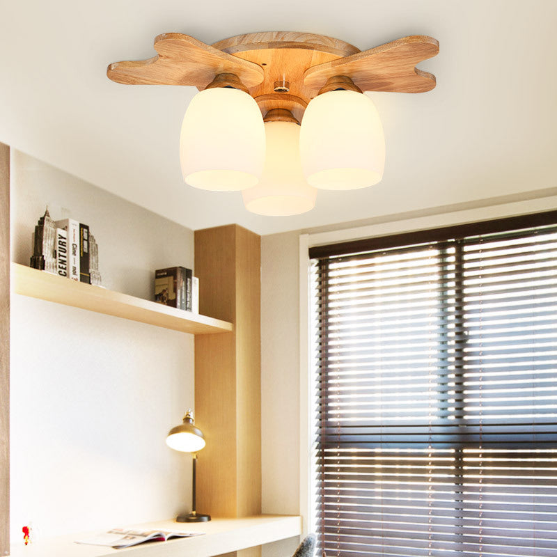 Cup Flush Mount Contemporary Milk Glass Beige 1/3/4 Lights Flush Mount Lamp with Wood Canopy Clearhalo 'Ceiling Lights' 'Close To Ceiling Lights' 'Close to ceiling' 'Semi-flushmount' Lighting' 211949