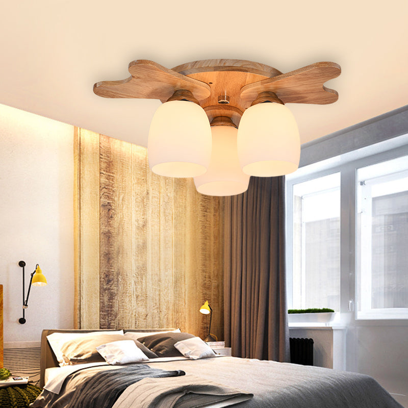 Cup Flush Mount Contemporary Milk Glass Beige 1/3/4 Lights Flush Mount Lamp with Wood Canopy Clearhalo 'Ceiling Lights' 'Close To Ceiling Lights' 'Close to ceiling' 'Semi-flushmount' Lighting' 211950