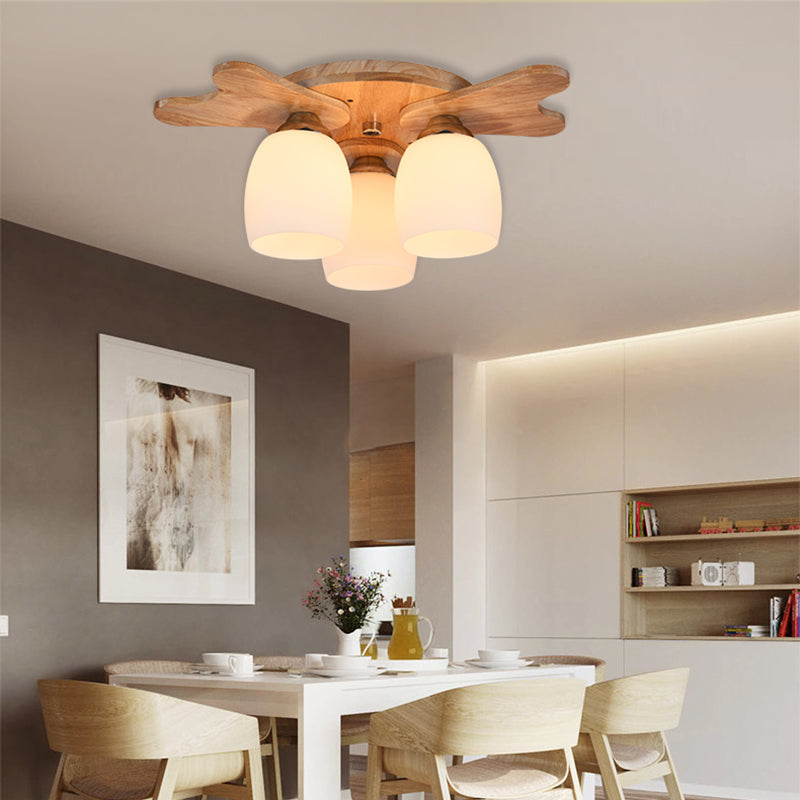 Cup Flush Mount Contemporary Milk Glass Beige 1/3/4 Lights Flush Mount Lamp with Wood Canopy Clearhalo 'Ceiling Lights' 'Close To Ceiling Lights' 'Close to ceiling' 'Semi-flushmount' Lighting' 211951