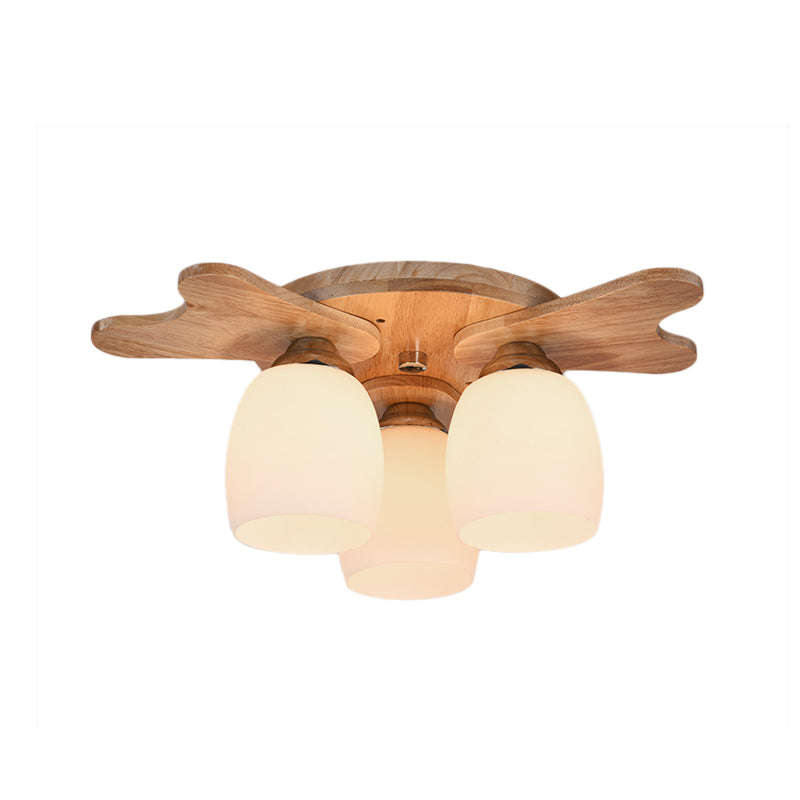 Cup Flush Mount Contemporary Milk Glass Beige 1/3/4 Lights Flush Mount Lamp with Wood Canopy Clearhalo 'Ceiling Lights' 'Close To Ceiling Lights' 'Close to ceiling' 'Semi-flushmount' Lighting' 211952