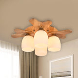 Cup Flush Mount Contemporary Milk Glass Beige 1/3/4 Lights Flush Mount Lamp with Wood Canopy 4 Wood Clearhalo 'Ceiling Lights' 'Close To Ceiling Lights' 'Close to ceiling' 'Semi-flushmount' Lighting' 211954