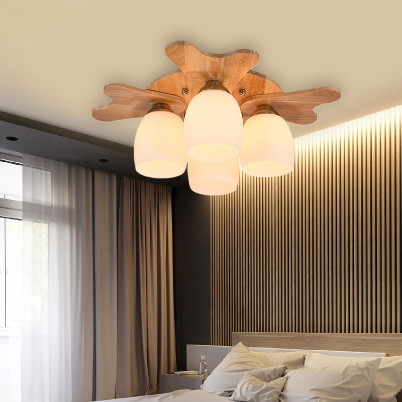 Cup Flush Mount Contemporary Milk Glass Beige 1/3/4 Lights Flush Mount Lamp with Wood Canopy Clearhalo 'Ceiling Lights' 'Close To Ceiling Lights' 'Close to ceiling' 'Semi-flushmount' Lighting' 211955