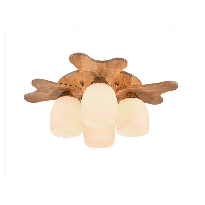 Cup Flush Mount Contemporary Milk Glass Beige 1/3/4 Lights Flush Mount Lamp with Wood Canopy Clearhalo 'Ceiling Lights' 'Close To Ceiling Lights' 'Close to ceiling' 'Semi-flushmount' Lighting' 211956