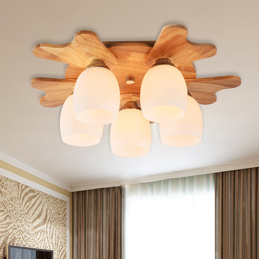 Cup Flush Mount Contemporary Milk Glass Beige 1/3/4 Lights Flush Mount Lamp with Wood Canopy 5 Wood Clearhalo 'Ceiling Lights' 'Close To Ceiling Lights' 'Close to ceiling' 'Semi-flushmount' Lighting' 211958