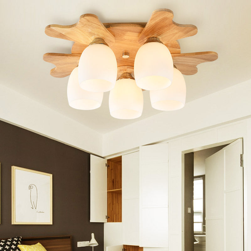 Cup Flush Mount Contemporary Milk Glass Beige 1/3/4 Lights Flush Mount Lamp with Wood Canopy Clearhalo 'Ceiling Lights' 'Close To Ceiling Lights' 'Close to ceiling' 'Semi-flushmount' Lighting' 211959