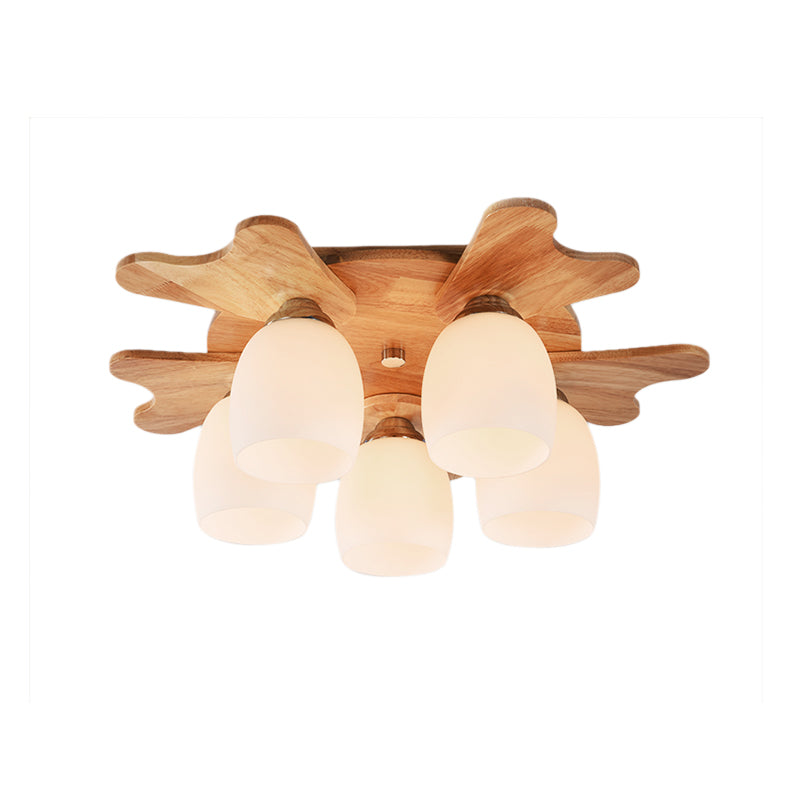 Cup Flush Mount Contemporary Milk Glass Beige 1/3/4 Lights Flush Mount Lamp with Wood Canopy Clearhalo 'Ceiling Lights' 'Close To Ceiling Lights' 'Close to ceiling' 'Semi-flushmount' Lighting' 211960