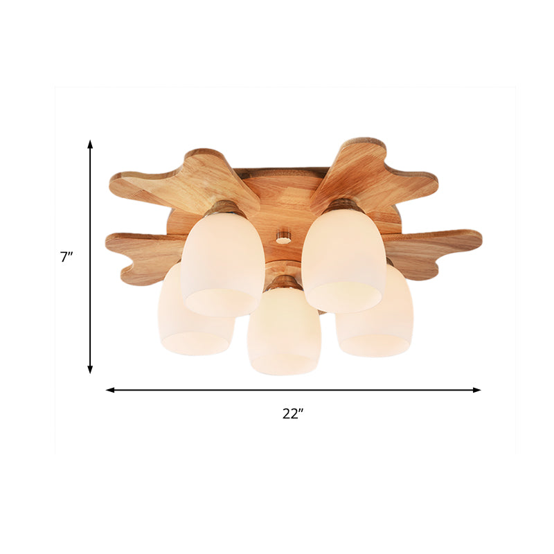 Cup Flush Mount Contemporary Milk Glass Beige 1/3/4 Lights Flush Mount Lamp with Wood Canopy Clearhalo 'Ceiling Lights' 'Close To Ceiling Lights' 'Close to ceiling' 'Semi-flushmount' Lighting' 211961