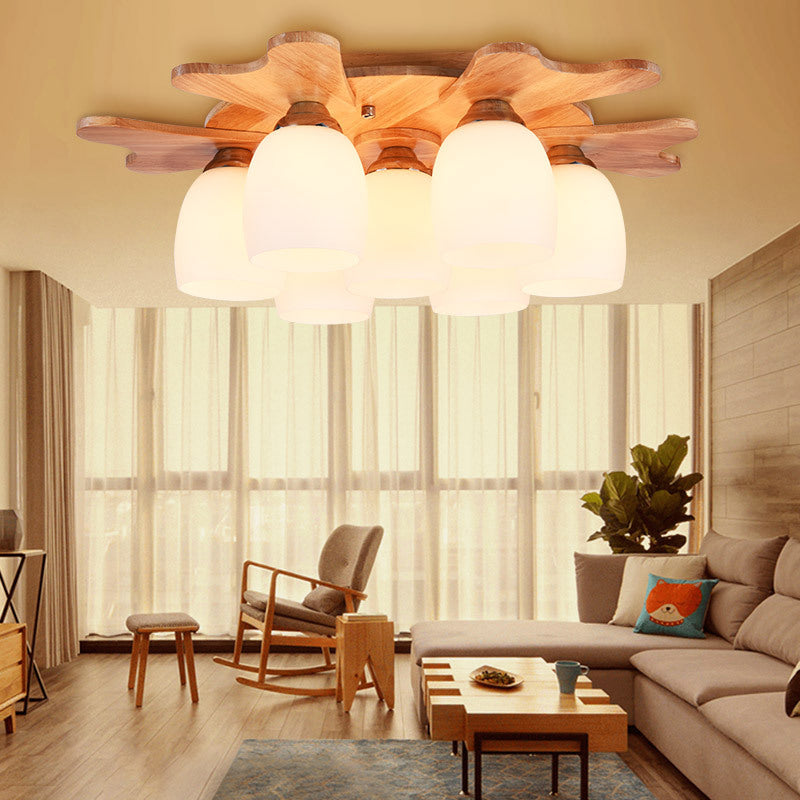 Cup Flush Mount Contemporary Milk Glass Beige 1/3/4 Lights Flush Mount Lamp with Wood Canopy 7 Wood Clearhalo 'Ceiling Lights' 'Close To Ceiling Lights' 'Close to ceiling' 'Semi-flushmount' Lighting' 211962