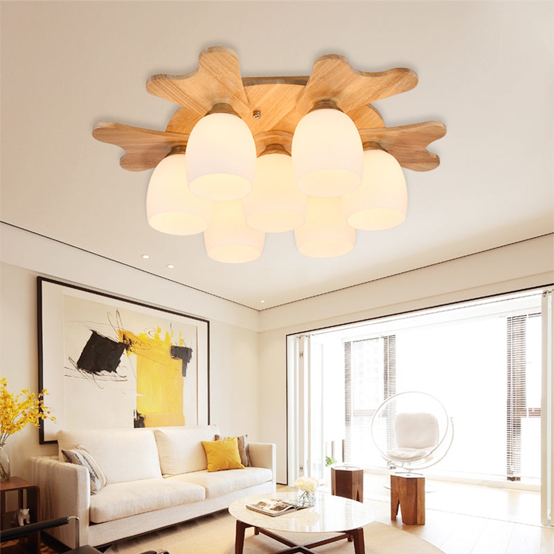 Cup Flush Mount Contemporary Milk Glass Beige 1/3/4 Lights Flush Mount Lamp with Wood Canopy Clearhalo 'Ceiling Lights' 'Close To Ceiling Lights' 'Close to ceiling' 'Semi-flushmount' Lighting' 211963