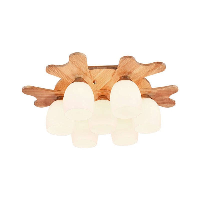 Cup Flush Mount Contemporary Milk Glass Beige 1/3/4 Lights Flush Mount Lamp with Wood Canopy Clearhalo 'Ceiling Lights' 'Close To Ceiling Lights' 'Close to ceiling' 'Semi-flushmount' Lighting' 211964