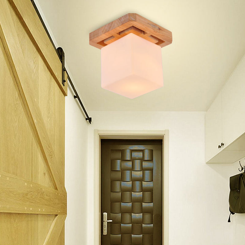 Cube Flush Mount Minimalist Milk Glass Beige LED Flush Mount Lamp with Wood Canopy Wood Clearhalo 'Ceiling Lights' 'Close To Ceiling Lights' 'Close to ceiling' 'Flush mount' Lighting' 211966