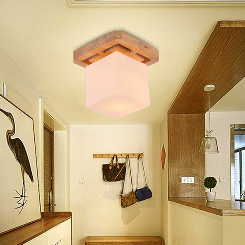 Cube Flush Mount Minimalist Milk Glass Beige LED Flush Mount Lamp with Wood Canopy Clearhalo 'Ceiling Lights' 'Close To Ceiling Lights' 'Close to ceiling' 'Flush mount' Lighting' 211967