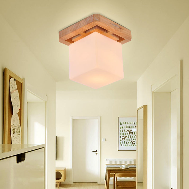 Cube Flush Mount Minimalist Milk Glass Beige LED Flush Mount Lamp with Wood Canopy Clearhalo 'Ceiling Lights' 'Close To Ceiling Lights' 'Close to ceiling' 'Flush mount' Lighting' 211968