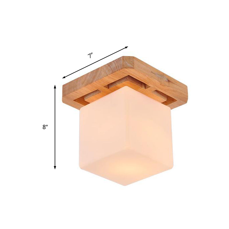 Cube Flush Mount Minimalist Milk Glass Beige LED Flush Mount Lamp with Wood Canopy Clearhalo 'Ceiling Lights' 'Close To Ceiling Lights' 'Close to ceiling' 'Flush mount' Lighting' 211970