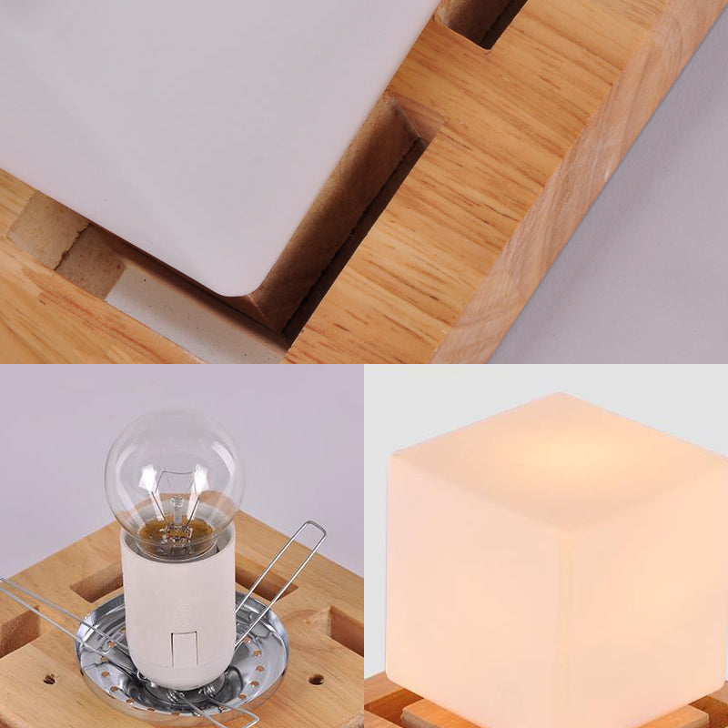 Cube Flush Mount Minimalist Milk Glass Beige LED Flush Mount Lamp with Wood Canopy Clearhalo 'Ceiling Lights' 'Close To Ceiling Lights' 'Close to ceiling' 'Flush mount' Lighting' 211971