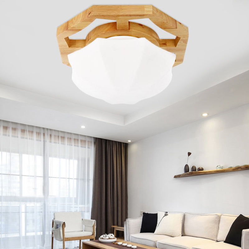 Umbrella Flush Mount Modernism Milk Glass Beige LED Flush Mount Lamp with Wood Canopy, 10"/13"/16.5" Wide Wood Clearhalo 'Ceiling Lights' 'Close To Ceiling Lights' 'Close to ceiling' 'Flush mount' Lighting' 211986