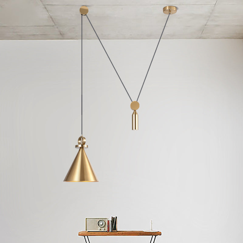Conical Metallic Ceiling Light Postmodern Single-Bulb Gold Pulley Hanging Pendant Light for Living Room Clearhalo 'Ceiling Lights' 'Modern Pendants' 'Modern' 'Pendant Lights' 'Pendants' Lighting' 2121255