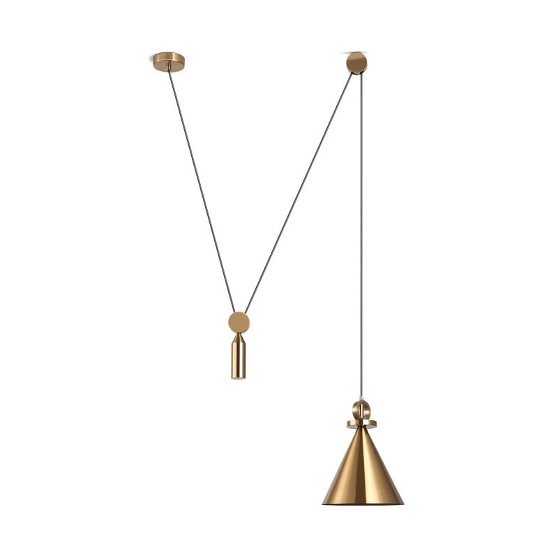 Conical Metallic Ceiling Light Postmodern Single-Bulb Gold Pulley Hanging Pendant Light for Living Room Clearhalo 'Ceiling Lights' 'Modern Pendants' 'Modern' 'Pendant Lights' 'Pendants' Lighting' 2121257