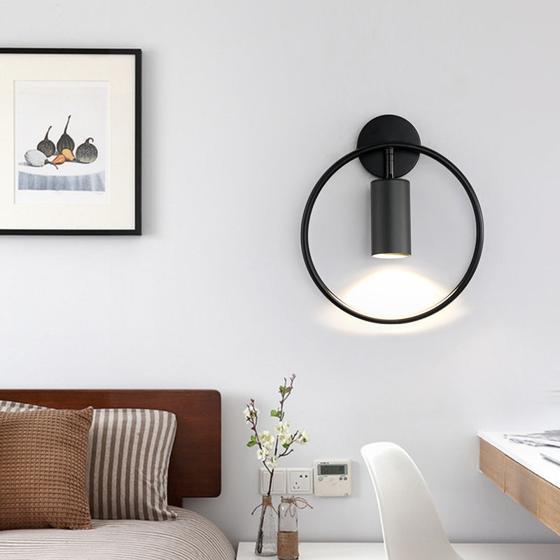 Metallic Cylindrical Wall Mount Light Postmodern 1 Head Wall Sconce Light with Halo Ring for Bedside Black Clearhalo 'Cast Iron' 'Glass' 'Industrial' 'Modern wall lights' 'Modern' 'Tiffany' 'Traditional wall lights' 'Wall Lamps & Sconces' 'Wall Lights' Lighting' 2121510