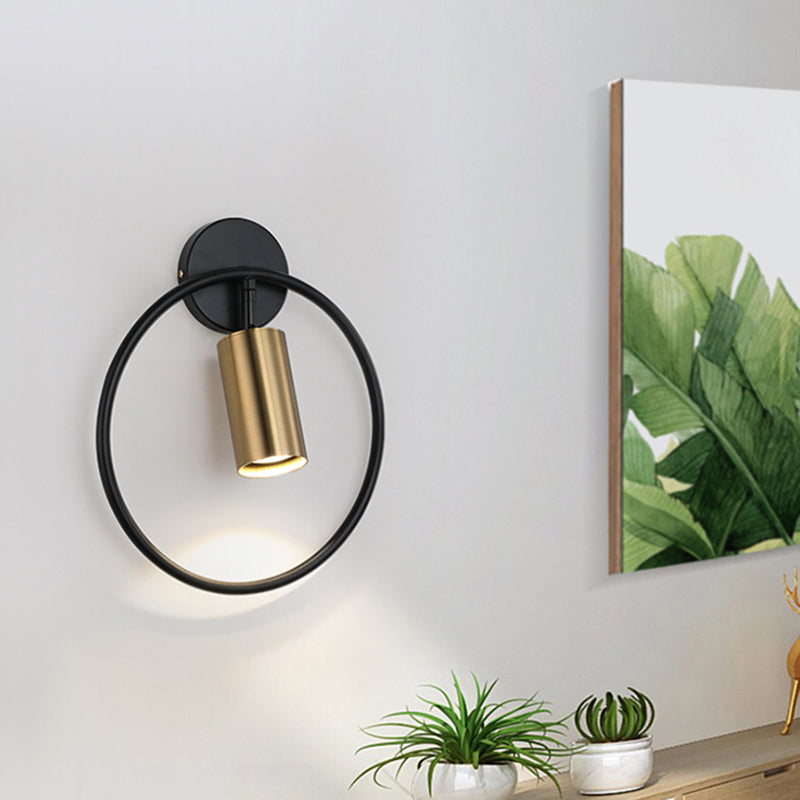 Metallic Cylindrical Wall Mount Light Postmodern 1 Head Wall Sconce Light with Halo Ring for Bedside Black-Gold Clearhalo 'Cast Iron' 'Glass' 'Industrial' 'Modern wall lights' 'Modern' 'Tiffany' 'Traditional wall lights' 'Wall Lamps & Sconces' 'Wall Lights' Lighting' 2121514