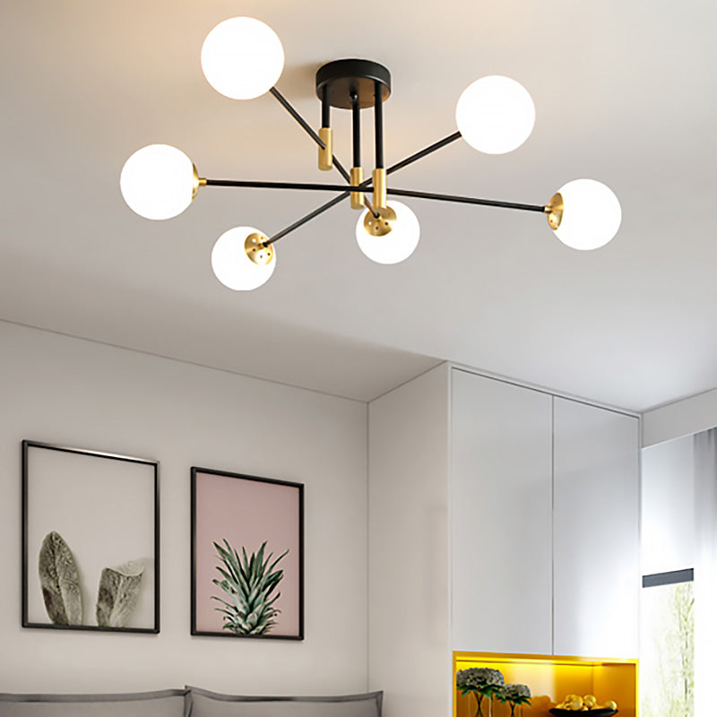 Cream Glass Sphere Semi Flush Mount Modernist 4/6/8 Lights Black Semi Flush Mount Light Fixture with Linear Arm 6 Cream Clearhalo 'Ceiling Lights' 'Close To Ceiling Lights' 'Close to ceiling' 'Glass shade' 'Glass' 'Semi-flushmount' Lighting' 212156