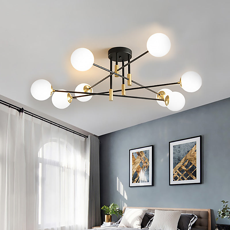 Cream Glass Sphere Semi Flush Mount Modernist 4/6/8 Lights Black Semi Flush Mount Light Fixture with Linear Arm 8 Cream Clearhalo 'Ceiling Lights' 'Close To Ceiling Lights' 'Close to ceiling' 'Glass shade' 'Glass' 'Semi-flushmount' Lighting' 212157