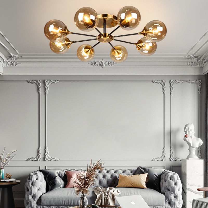 Round Semi Flush Lighting Modern White/Orange and Yellow/Smoke Glass 3/6/8 Lights Gold Led Flush Mount Light Fixture for Living Room in Warm Light Clearhalo 'Ceiling Lights' 'Close To Ceiling Lights' 'Close to ceiling' 'Glass shade' 'Glass' 'Semi-flushmount' Lighting' 212163