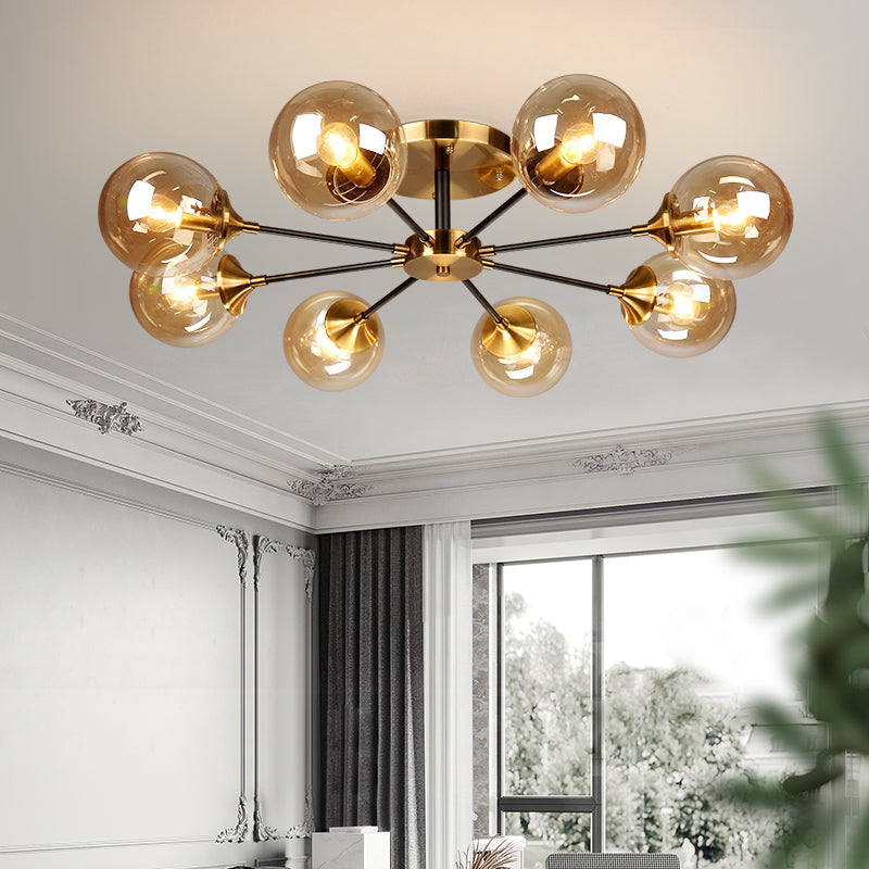 Round Semi Flush Lighting Modern White/Orange and Yellow/Smoke Glass 3/6/8 Lights Gold Led Flush Mount Light Fixture for Living Room in Warm Light 8 Amber Clearhalo 'Ceiling Lights' 'Close To Ceiling Lights' 'Close to ceiling' 'Glass shade' 'Glass' 'Semi-flushmount' Lighting' 212164