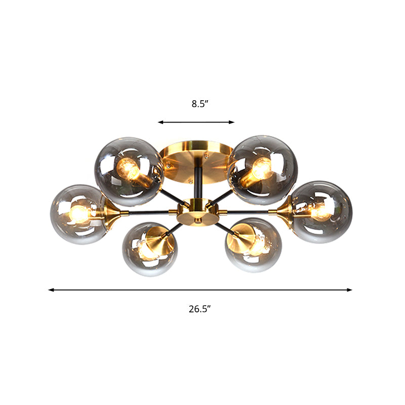 Round Semi Flush Lighting Modern White/Orange and Yellow/Smoke Glass 3/6/8 Lights Gold Led Flush Mount Light Fixture for Living Room in Warm Light Clearhalo 'Ceiling Lights' 'Close To Ceiling Lights' 'Close to ceiling' 'Glass shade' 'Glass' 'Semi-flushmount' Lighting' 212187