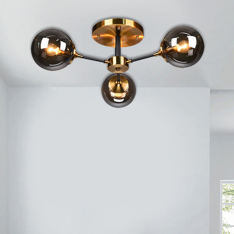 Round Semi Flush Lighting Modern White/Orange and Yellow/Smoke Glass 3/6/8 Lights Gold Led Flush Mount Light Fixture for Living Room in Warm Light 3 Smoke Gray Clearhalo 'Ceiling Lights' 'Close To Ceiling Lights' 'Close to ceiling' 'Glass shade' 'Glass' 'Semi-flushmount' Lighting' 212190