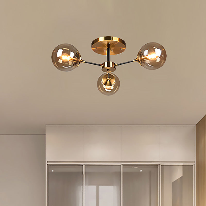 Round Semi Flush Lighting Modern White/Orange and Yellow/Smoke Glass 3/6/8 Lights Gold Led Flush Mount Light Fixture for Living Room in Warm Light 3 Amber Clearhalo 'Ceiling Lights' 'Close To Ceiling Lights' 'Close to ceiling' 'Glass shade' 'Glass' 'Semi-flushmount' Lighting' 212193