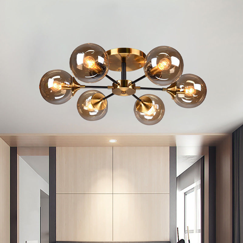 Round Semi Flush Lighting Modern White/Orange and Yellow/Smoke Glass 3/6/8 Lights Gold Led Flush Mount Light Fixture for Living Room in Warm Light 6 Amber Clearhalo 'Ceiling Lights' 'Close To Ceiling Lights' 'Close to ceiling' 'Glass shade' 'Glass' 'Semi-flushmount' Lighting' 212196