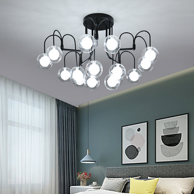 Black Willow Branch Semi Flush Lighting Modernist Multi Lights Metal Semi Flush Mount Lamp Fixture with Clear Glass Ball Shade Clearhalo 'Ceiling Lights' 'Close To Ceiling Lights' 'Close to ceiling' 'Semi-flushmount' Lighting' 212250