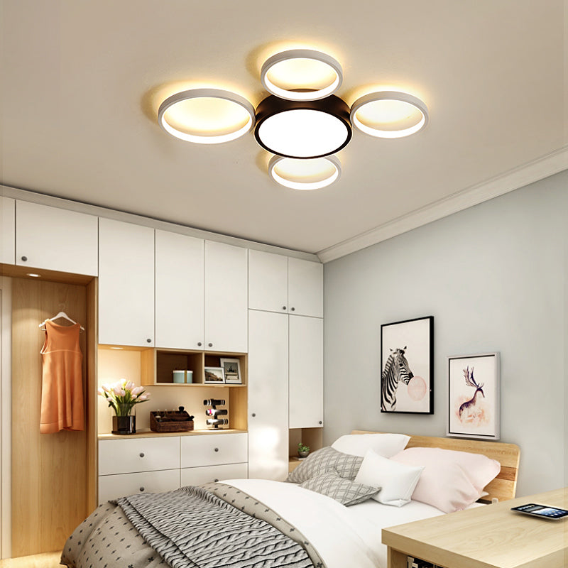 Black and White Multi-Ring Flush Lighting Modern 3/5/6 Lights Acrylic Led Flush Mount Lamp Fixture in White/Warm Light 5 Black-White Clearhalo 'Ceiling Lights' 'Close To Ceiling Lights' 'Close to ceiling' 'Flush mount' Lighting' 212374