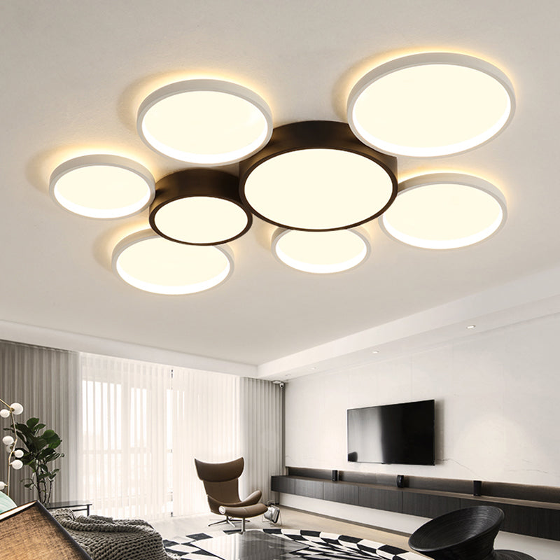 Black and White Multi-Ring Flush Lighting Modern 3/5/6 Lights Acrylic Led Flush Mount Lamp Fixture in White/Warm Light 8 Black-White Clearhalo 'Ceiling Lights' 'Close To Ceiling Lights' 'Close to ceiling' 'Flush mount' Lighting' 212378