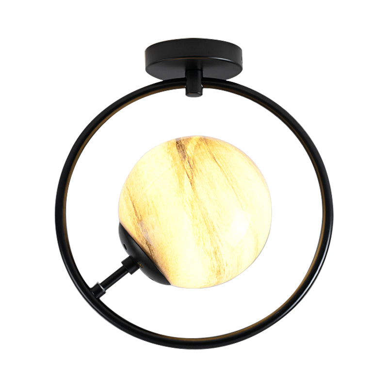 Sphere Semi Flush Mount Modernist White/Yellow Glass 1 Light Black Semi Flush Mount Light Fixture with Iron Ring Clearhalo 'Ceiling Lights' 'Close To Ceiling Lights' 'Close to ceiling' 'Glass shade' 'Glass' 'Semi-flushmount' Lighting' 212403
