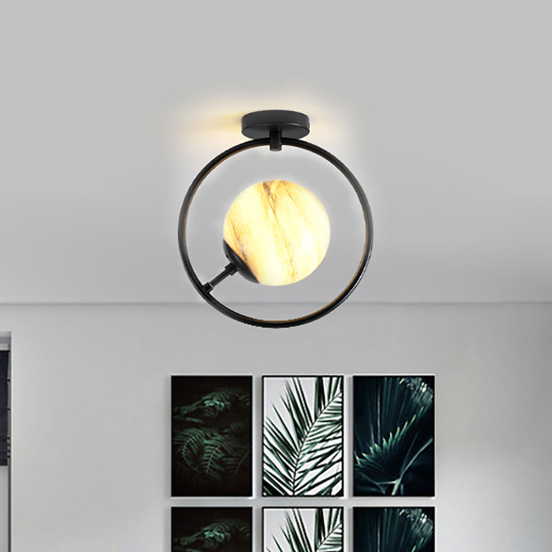 Sphere Semi Flush Mount Modernist White/Yellow Glass 1 Light Black Semi Flush Mount Light Fixture with Iron Ring Clearhalo 'Ceiling Lights' 'Close To Ceiling Lights' 'Close to ceiling' 'Glass shade' 'Glass' 'Semi-flushmount' Lighting' 212406