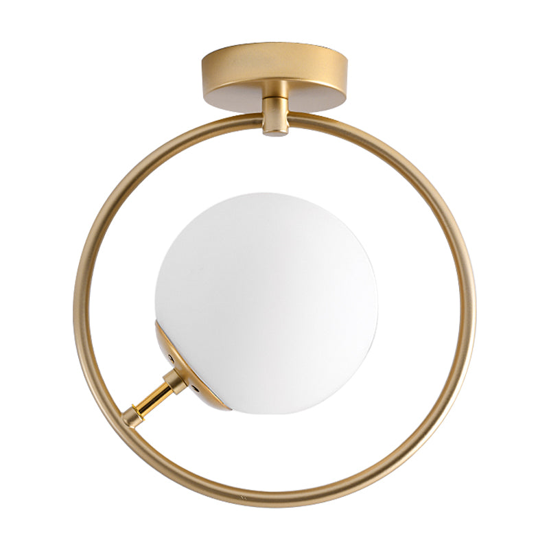 Gold Ball Semi Flush Lighting Modern 1 Light White/Yellow Glass Semi Flush Mount Lamp Fixture with Iron Ring Clearhalo 'Ceiling Lights' 'Close To Ceiling Lights' 'Close to ceiling' 'Glass shade' 'Glass' 'Semi-flushmount' Lighting' 212414