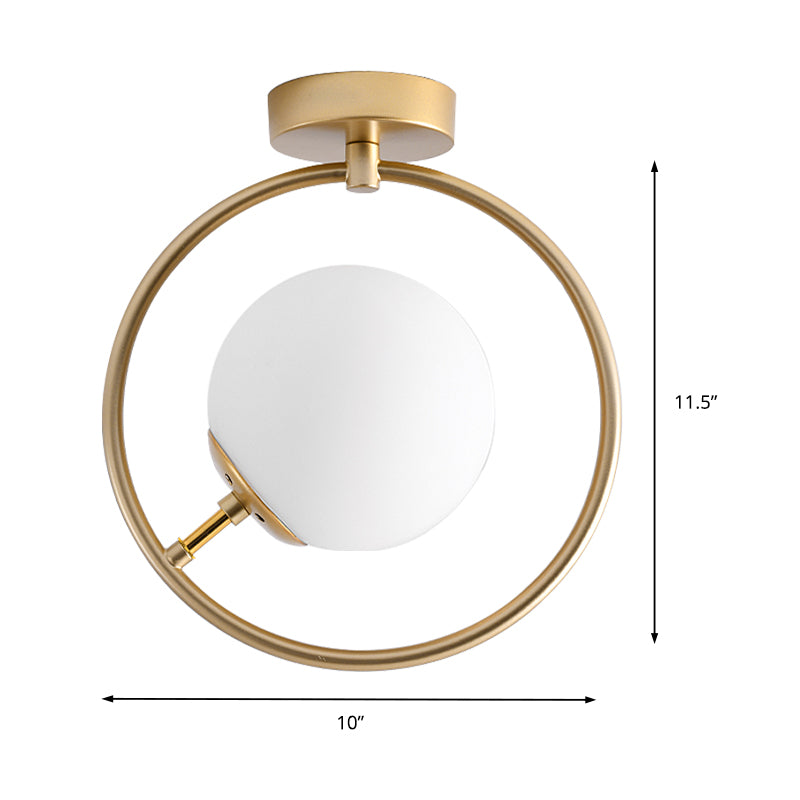 Gold Ball Semi Flush Lighting Modern 1 Light White/Yellow Glass Semi Flush Mount Lamp Fixture with Iron Ring Clearhalo 'Ceiling Lights' 'Close To Ceiling Lights' 'Close to ceiling' 'Glass shade' 'Glass' 'Semi-flushmount' Lighting' 212415